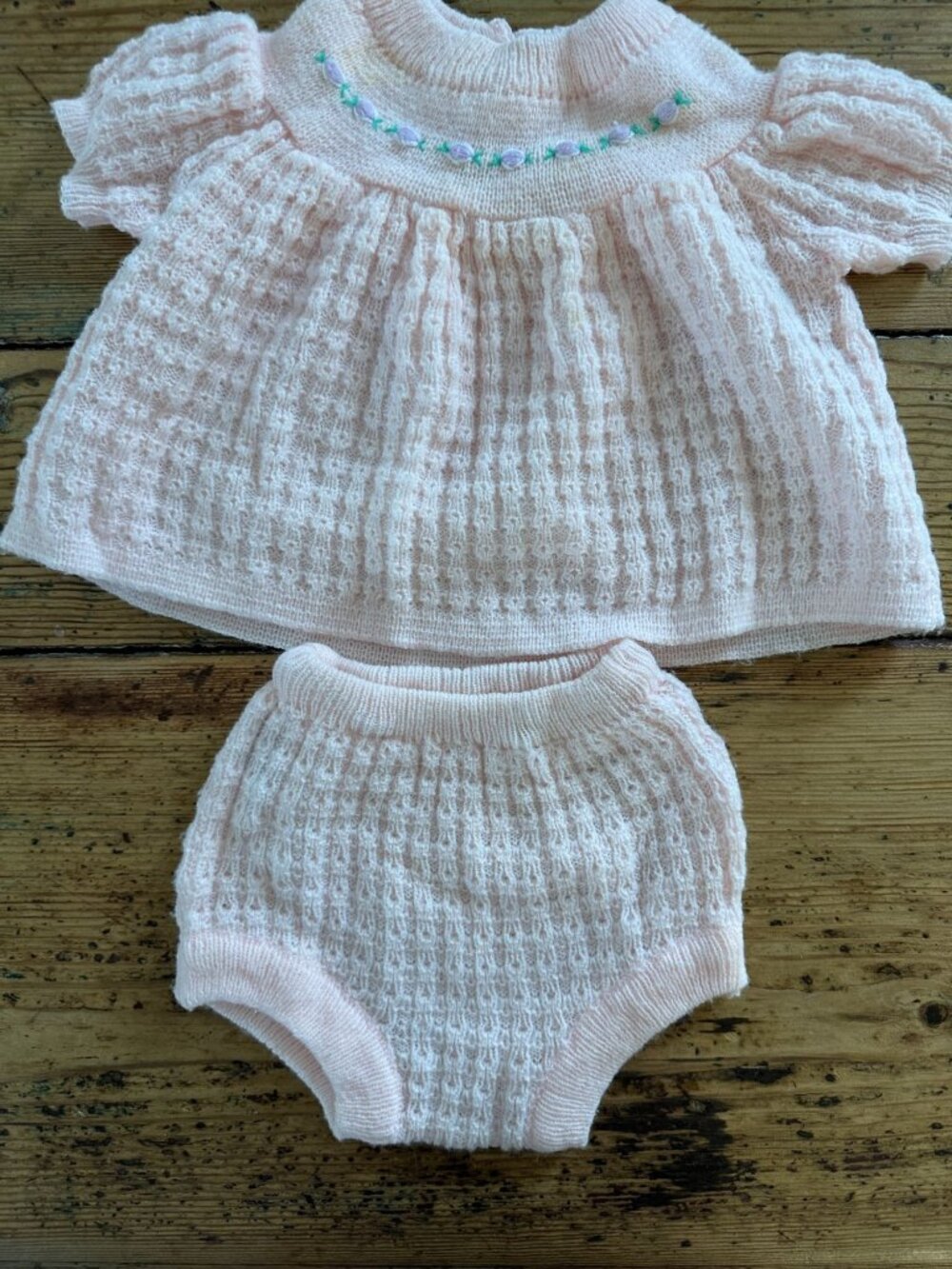 Vintage Baby Girl Knit Dress W/ Bloomers Pink Hand Embroidered Floral Outfit